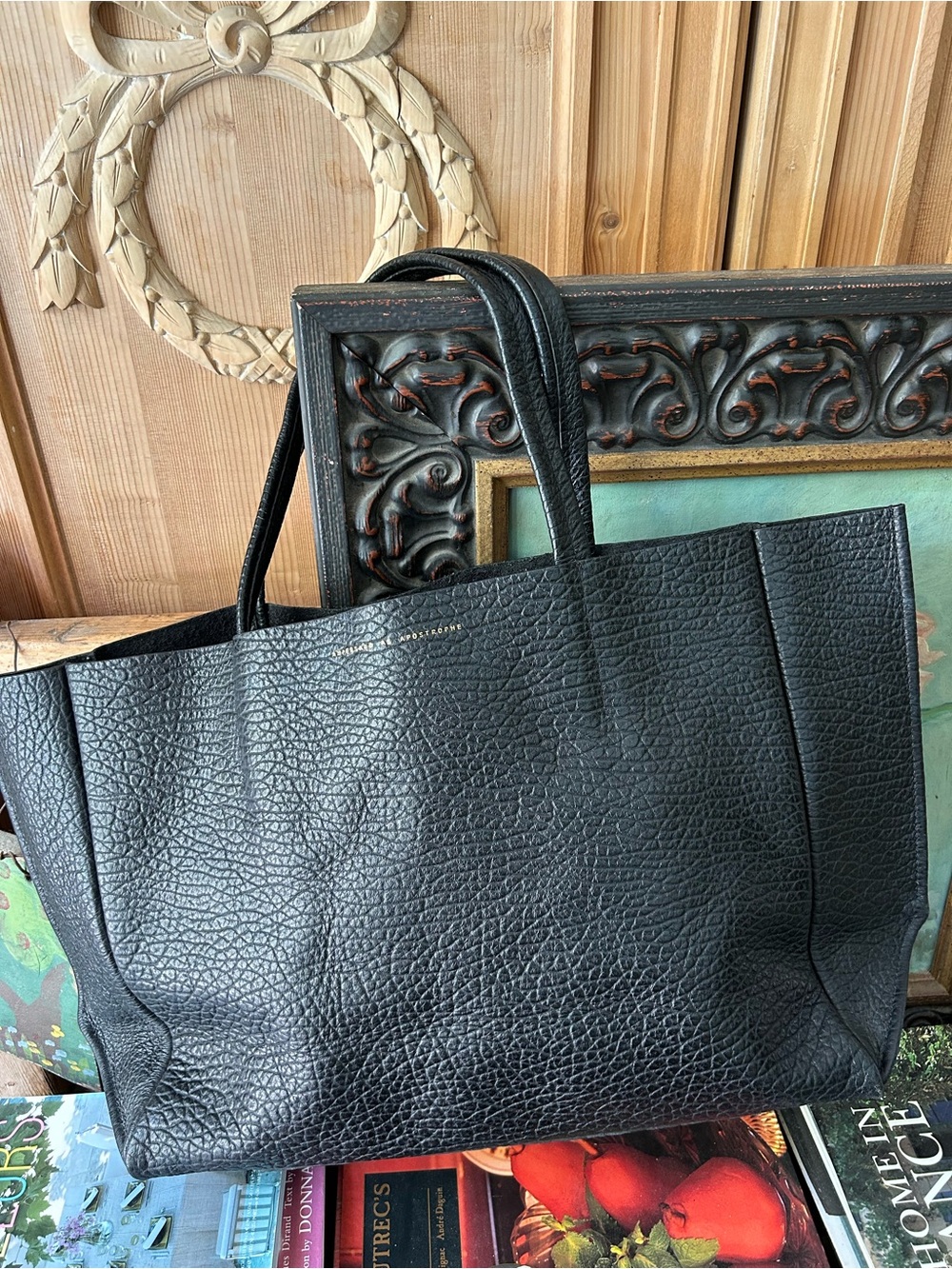Ampersand As Apostrophe Black Leather Tote Bag 16x12x3” - Picture 4 of 7